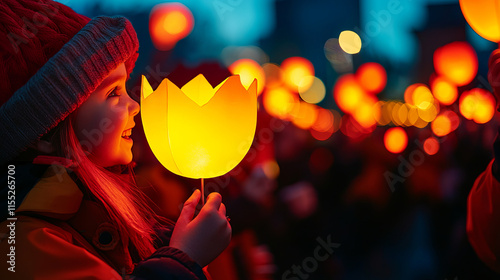 joyful child holding glowing lantern during vibrant evening parade with warm lights