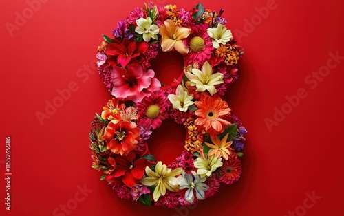 A stunning number 8 made of exotic and tropical flowers, placed on a radiant red background for 8 Ð¼Ð????‚Ð? photo