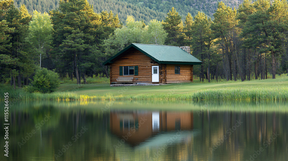 Lakeside log cabin reflected in calm water, nestled in a tranquil forest setting. Lakeside log cabin reflected in calm water, nestled in a tranquil forest setting.