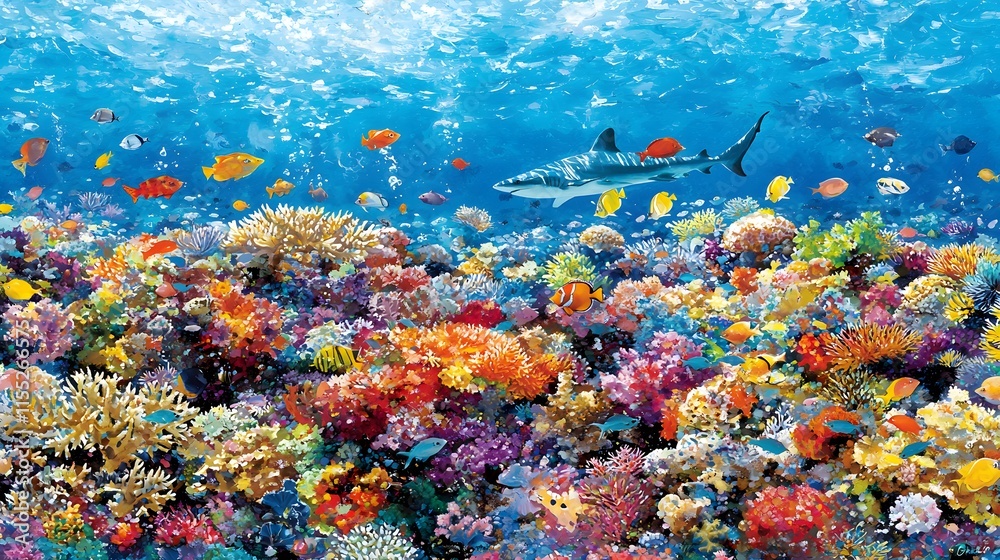 Fototapeta premium Vibrant Coral Reef Tropical Fish Underwater Scene Ocean Life