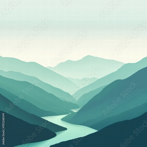 Winding river through serene mountain range in minimalist landscape design for text overlay and creative projects. Generative AI photo