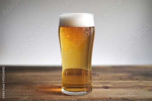 A tall glass filled with a golden liquid, presumably beer, topped with a frothy white head photo