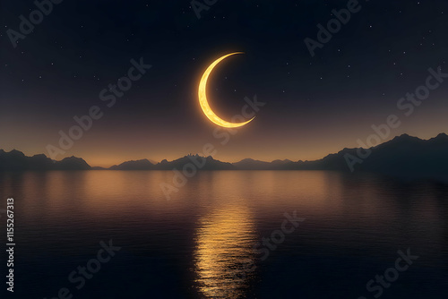 Crescent Moon over Mountains 3D Illustration