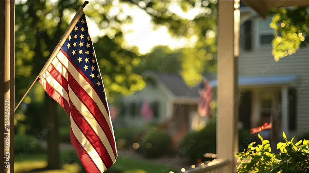 Patriotic american flag on corner of residential house with blurred background on sunny day 
