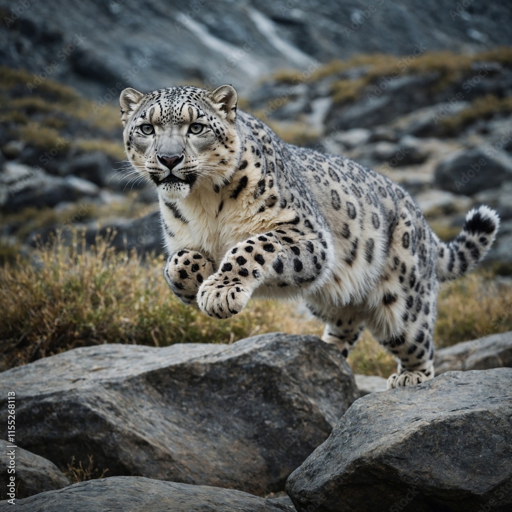 A snow leopard leaping gracefully across rocks. A snow leopard leaping gracefully across rocks.