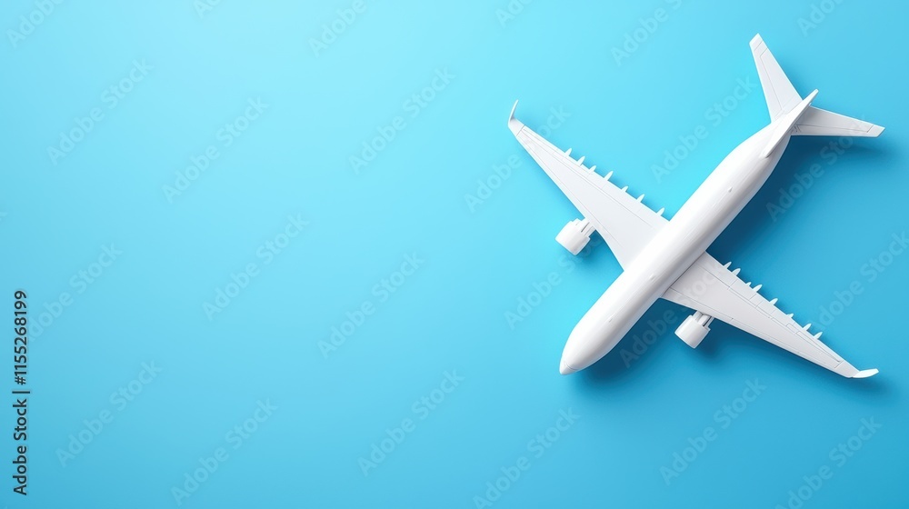Aerial view of a white airplane on blue background transport digital art minimalist style Aerial view of a white airplane on blue background transport digital art minimalist style