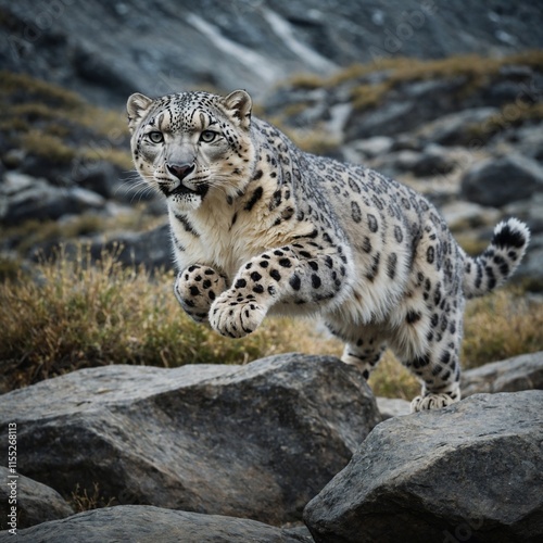 A snow leopard leaping gracefully across rocks.