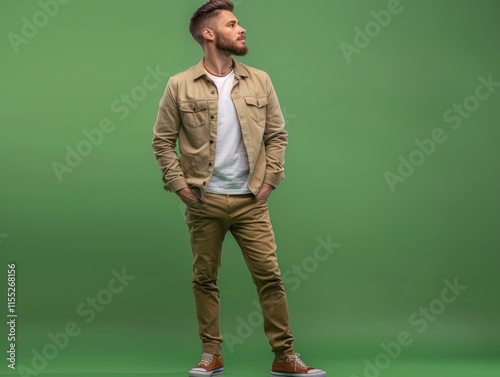 A man in casual attire stands against a solid green background, looking off to the side. He wears a beige jacket and pants with a white shirt and brown shoes. photo