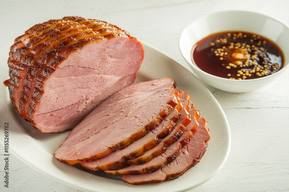 a plate of sliced ham with a golden-brown crust a plate of sliced ham with a golden-brown crust