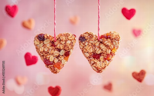 Heart-shaped granola bars with nuts and dried fruit, suspended mid-air on a pastel gradient background for Saint Valentines Day