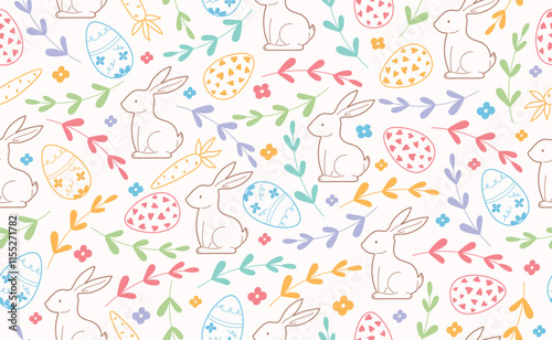 Modern Easter seamless pattern with egg, rabbit, spring flowers. Happy Easter pattern in flat style for background, kids textiles, posters, banners, greeting cards. Vector illustration.