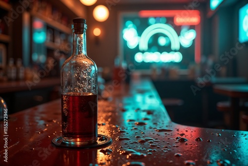 Wet bar countertop with a half-empty bottle and sticky traces illuminated by soft neon lights, after party