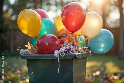 Trash bin overflowing with party remnants and colorful balloons in the backyard, after party