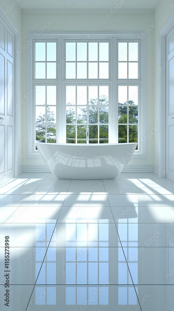 Fototapeta premium White Bathroom 3D Render, Luxurious Tub