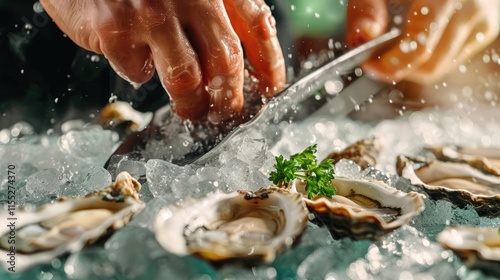 Close-up RAW Style of Raw oyster shucking technique, fresh seafood skill photo