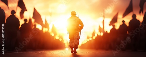 A soldier walks towards a bright sunset, surrounded by silhouettes of people holding flags, symbolizing strength and unity.