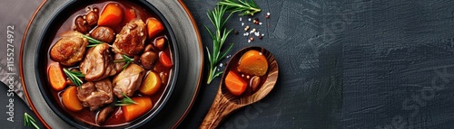 Close-up RAW Style of Traditional French coq au vin preparation, wine braised chicken photo