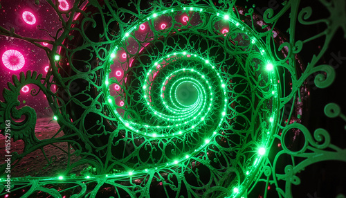 Vibrant green spiral structure with glowing lights and abstract patterns in a dark space
