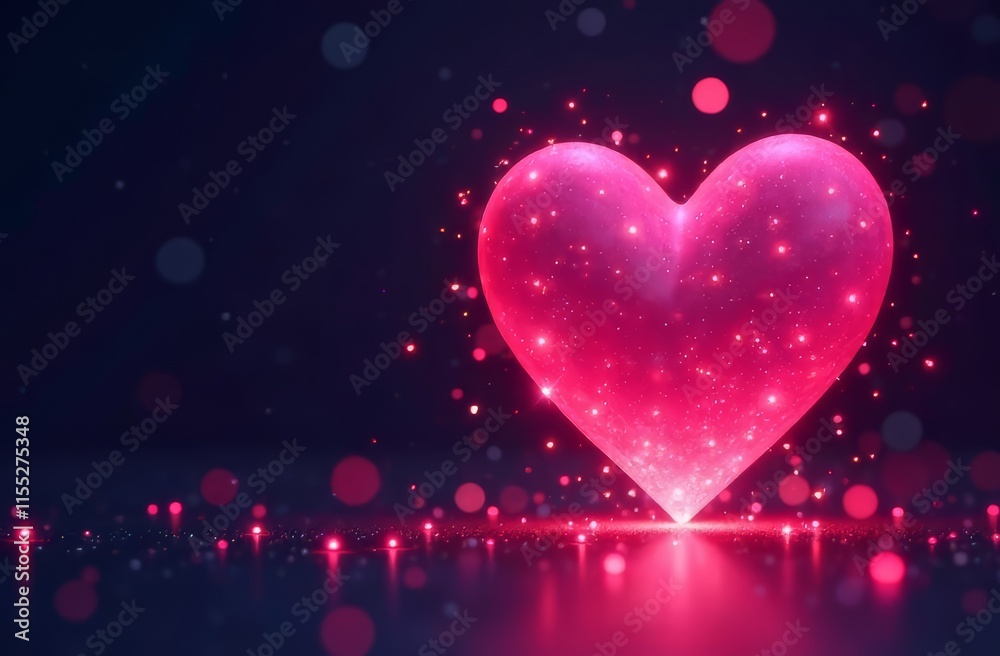 A delicate, pink, voluminous, textured and glowing heart stands on a dark background, pink and blue bokeh with space for text. Concept for St. Valentine, Love. A delicate, pink, voluminous, textured and glowing heart stands on a dark background, pink and blue bokeh with space for text. Concept for St. Valentine, Love.