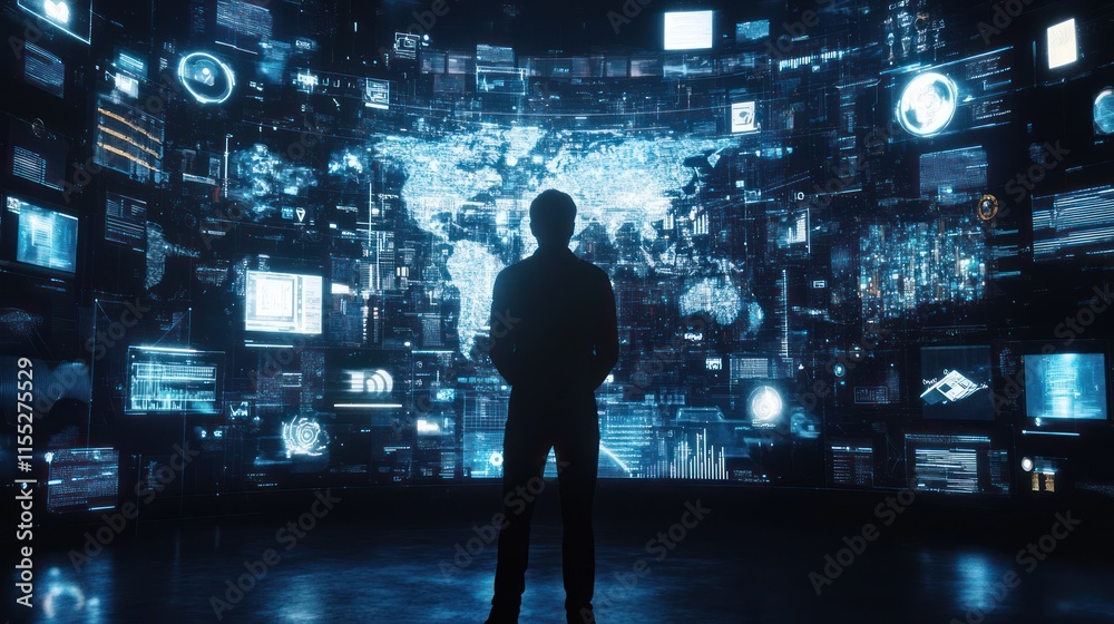 Silhouette of a man standing in front of a giant digital screen showing the world map Silhouette of a man standing in front of a giant digital screen showing the world map