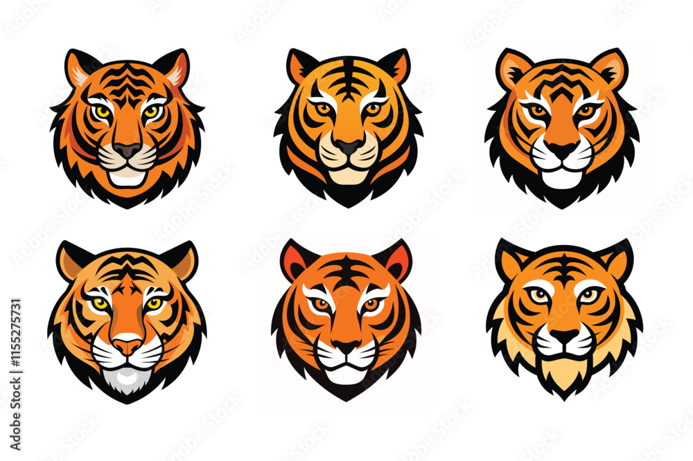 Fototapeta premium Tiger head mascot icon vector illustration. Animal head logo set