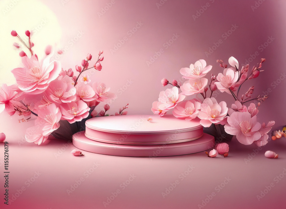 A delicate pink display featuring a two-tiered pedestal adorned with blossoming cherry branches, creating an elegant and serene springtime scene. Soft lighting enhances the floral beauty. A delicate pink display featuring a two-tiered pedestal adorned with blossoming cherry branches, creating an elegant and serene springtime scene. Soft lighting enhances the floral beauty.