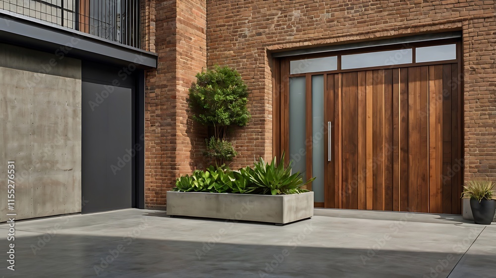 A tall wooden door with a sliding feature, framed by exposed concrete or brick walls, and accented with street-style planters or sculptural art pieces. A tall wooden door with a sliding feature, framed by exposed concrete or brick walls, and accented with street-style planters or sculptural art pieces.