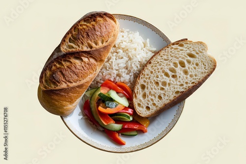 a fresh bread, vegetable salad, and cooked rice on a plate photo