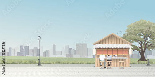 Cityscape with asian street food stall shop at sidewalk have skyscraper and blue sky background graphic illustration.