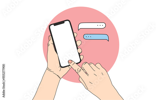 Illustration of a hand holding a cellphone and touching the screen to reply to a message from a lover.