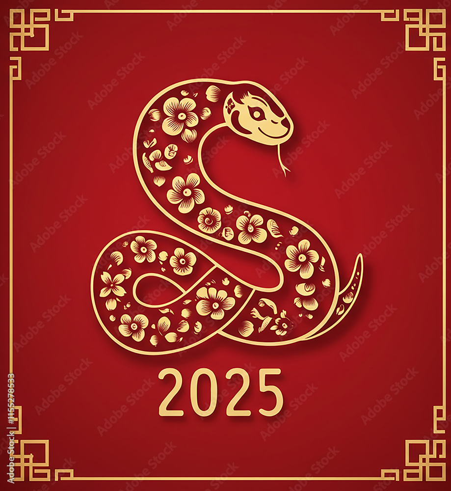 Happy Chinese New Year 2025. Snake zodiac with lanterns, cloud on red background for card design. China lunar calendar animal. Translation happy new year 2025, year of the snake Happy Chinese New Year 2025. Snake zodiac with lanterns, cloud on red background for card design. China lunar calendar animal. Translation happy new year 2025, year of the snake