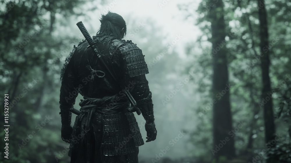 Lone samurai in misty forest, back view. Lone samurai in misty forest, back view.