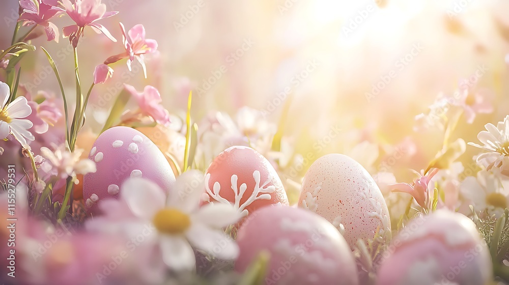 Fototapeta premium A field of pink flowers with a bunch of eggs scattered throughout