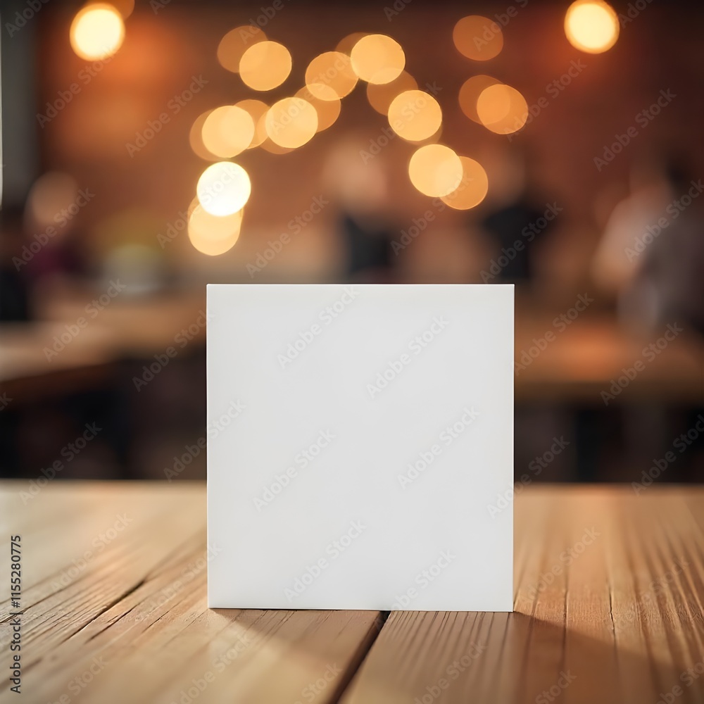 Elegant Party Scene with Blank Card on Light Wood and Bokeh Lights Elegant Party Scene with Blank Card on Light Wood and Bokeh Lights