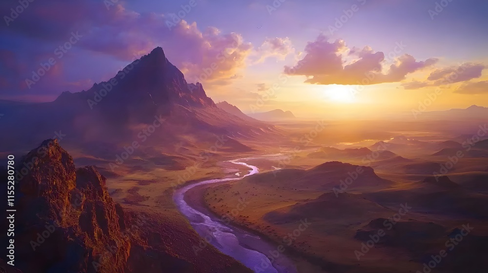 Fototapeta premium Majestic Sunset Over Serene Mountain Valley River Landscape