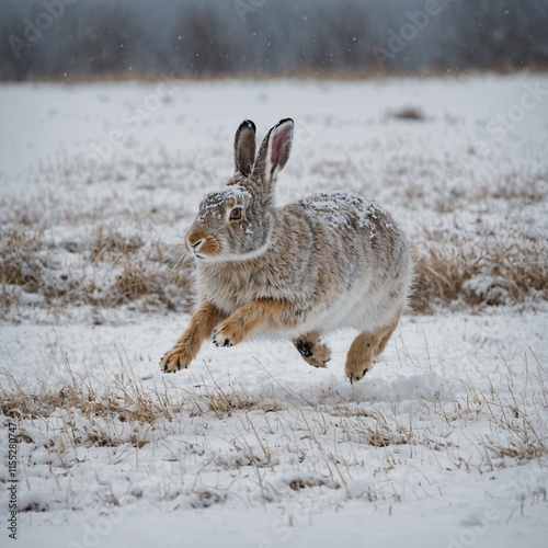 A snow hare sprinting across a snowy open field.
