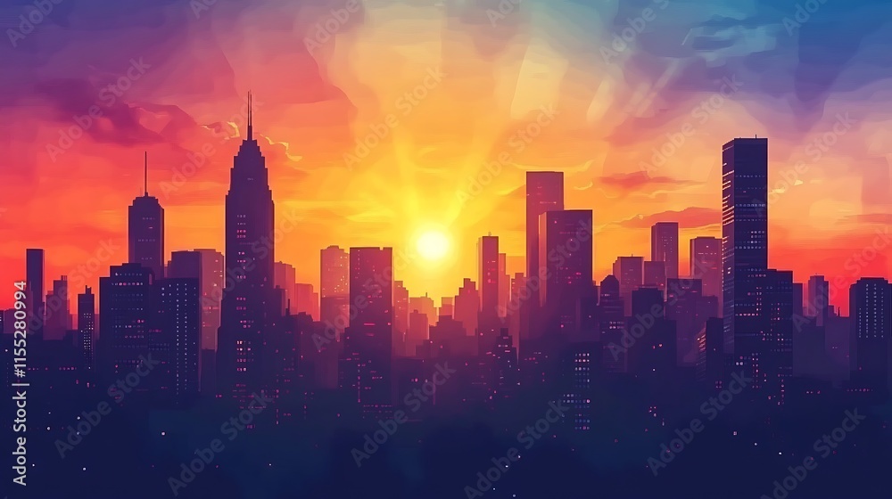 Fototapeta premium Vibrant Sunrise Illuminates City Skyline: Striking Digital Painting in Bold, Stylized Colors. AI Generated