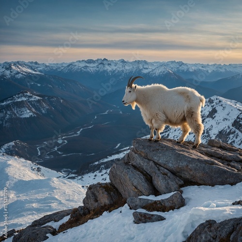 A mountain goat perched on an icy ridge, surveying the landscape.