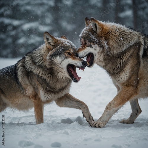A pair of wolves play-fighting in the snow.