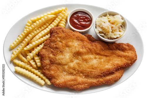 A white plate with a perfectly cooked schnitzel