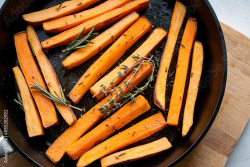 roasted sweet potato french fries in a skillet with herbs
