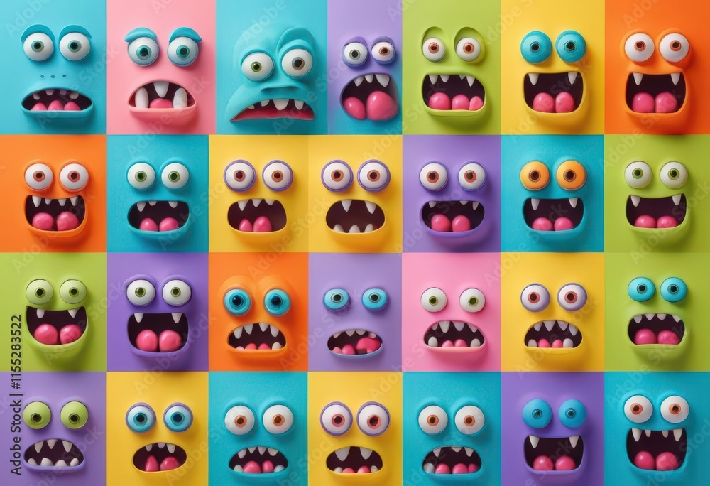 Multicolored grid of cartoon monster faces with expressive features. Multicolored grid of cartoon monster faces with expressive features.