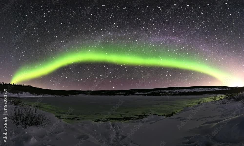 Arctic aurora borealis over frozen lake at night. Arctic aurora borealis over frozen lake at night.