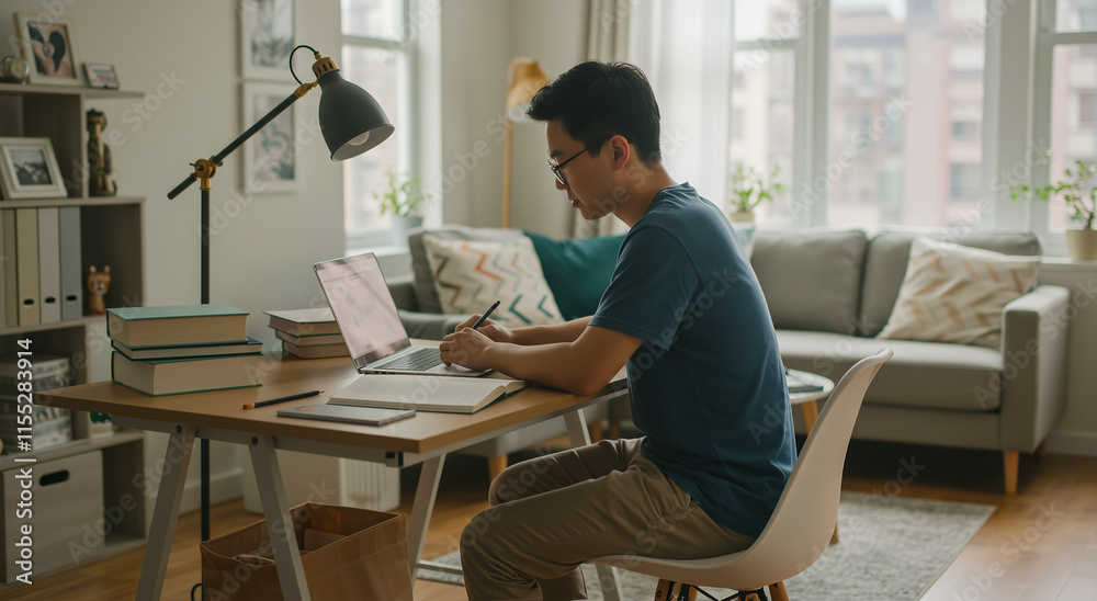Man, writing and working with laptop for research, study and online job with deadline at home. Asian, male person and learning with homework, education or project at day in living room Man, writing and working with laptop for research, study and online job with deadline at home. Asian, male person and learning with homework, education or project at day in living room