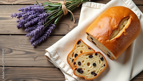 Raisin Bread Loaf with Lavender on Rustic Table
 photo