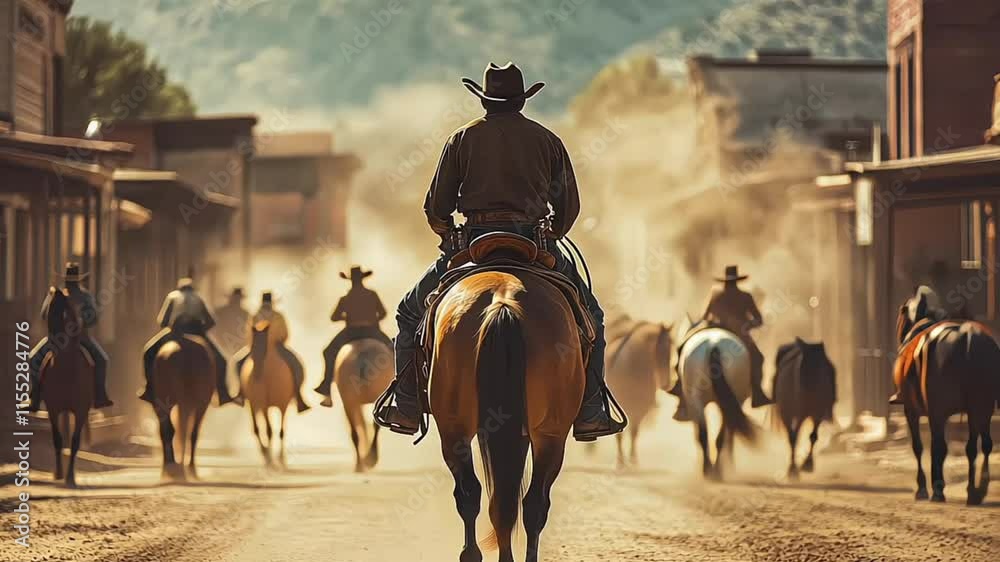 Cowboy on horseback, movie scene in Wild West town