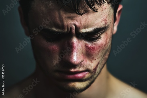 Tear streaked face with sad eyes reflecting deep emotional pain. photo