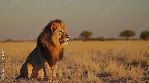a lion sits in the savannah at sunset