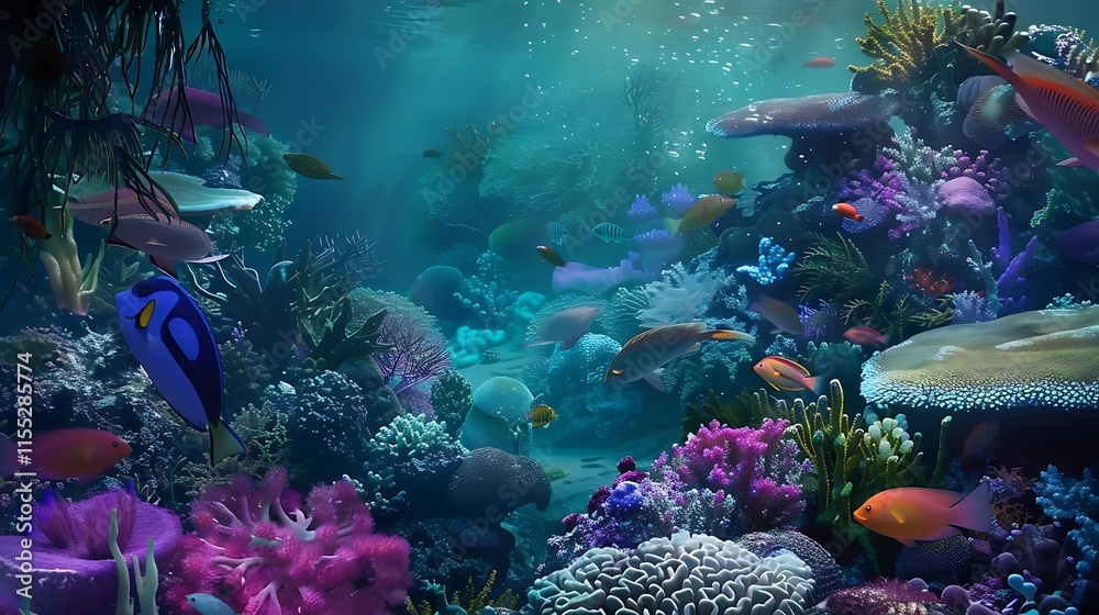 Fototapeta premium Tropical fish swim through a diverse coral reef ecosystem for aquarium marketing banners.