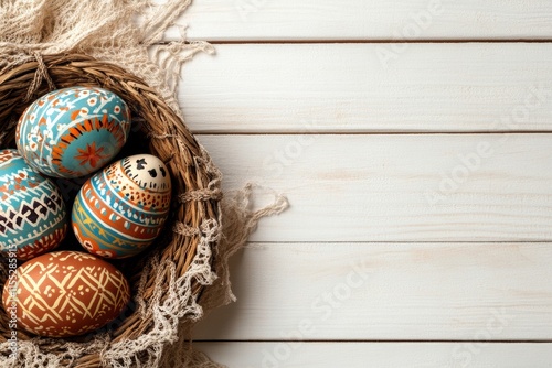 A colorful display of beautifully decorated Easter eggs in a rustic basket against a wooden background symbolizes the happiness and festive spirit of Easter and the joyous holiday season photo